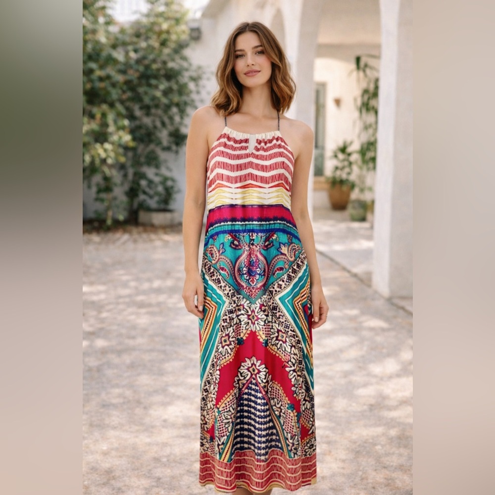 Flying Tomato Multicolor‎ Halter Maxi Boho Summer Dress Size Large